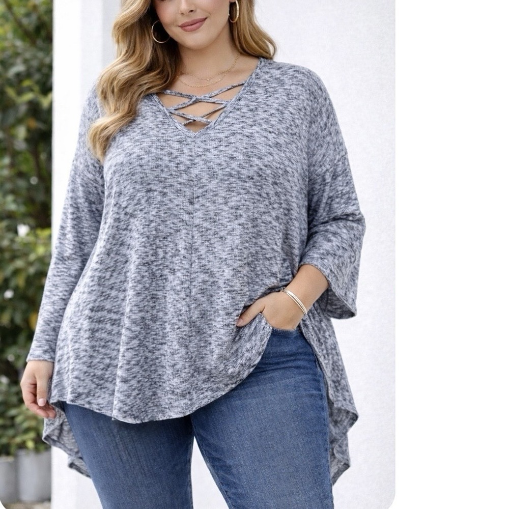 Catherines Blue Gray Marled Sharkbite Hem Ribbed Knit Top Size 4X